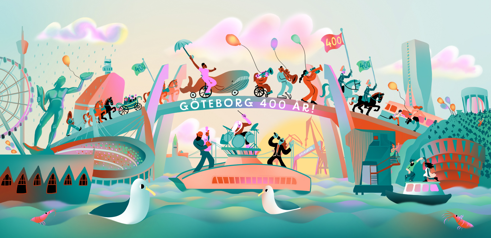 Färgglad illustration för Göteborgs 400 års jubileum