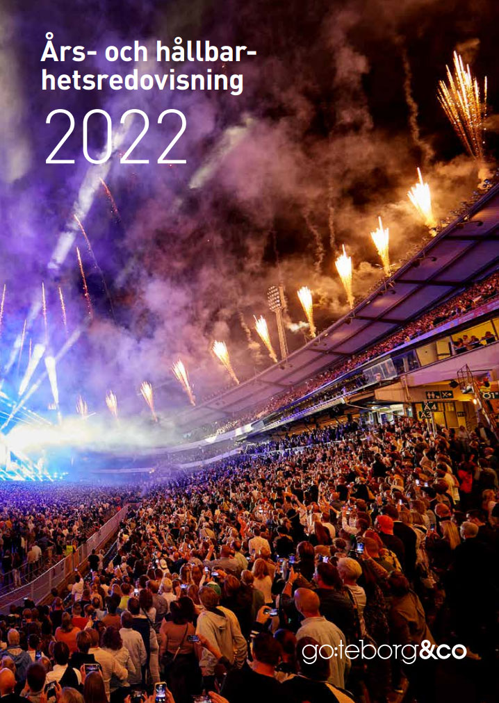 Framsidan på Göteborg & co:s års och hållbarhetsredovisning 2022, bild på publiken på ullevi och fyrverkerier