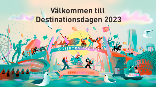 Färgglad illustration över hisingsbron med en parad av dansande människor som går över i samma manéer som Göteborgs 400års jubileum. Texten Välkommen till destinationsdagen 2023 ligger över bilden