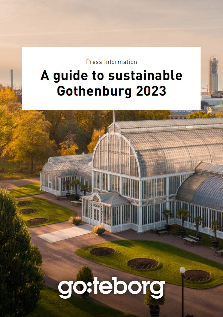 Framsidan till sustainable guide information, bilden visar exteriören av palmhuset i trädgårdsföreningen