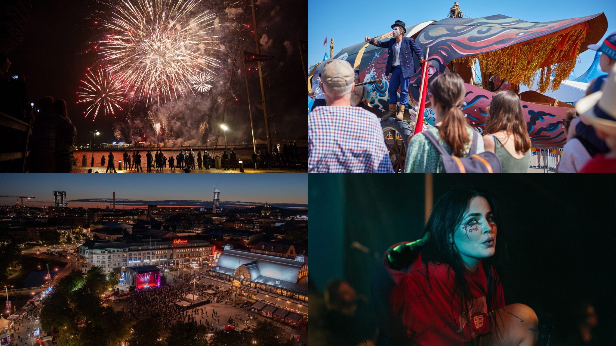 Collage med fyra bilder: fyrverkeri, val som är ett ekipage i Jubileumsparaden, Kulturkalasets stora scen på Kungstorget och Miriam Bryant. 