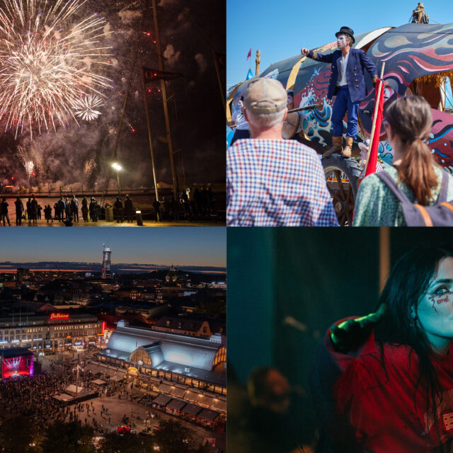 Collage med fyra bilder: fyrverkerier, en clown framför en träval, drönarvy över kungsportsplatsen i göteborg och porträtt på Miriam Bryant