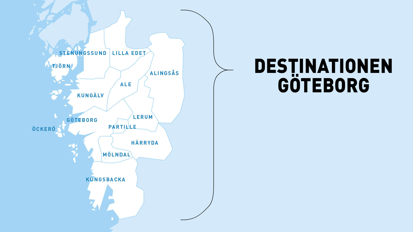 Kartillustration över området som täcker Destination Göteborg, från Stenungssund och Lilla Edet i Norr till Kungsbacka i söder.