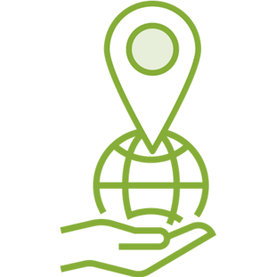 Grön tvådimensionell ikon en hand som håller i en jordglob med en kartnål i