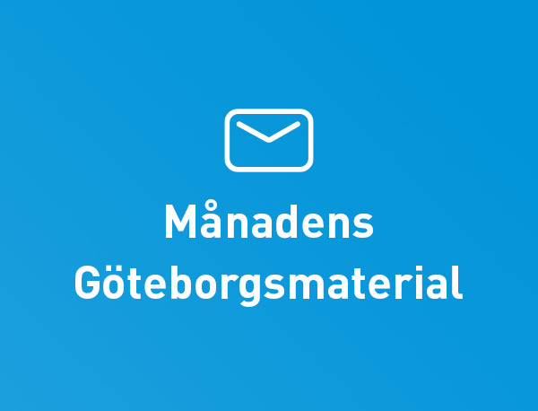 Blå färgplatta med vit text på: Månadens Göteborgsmaterial 