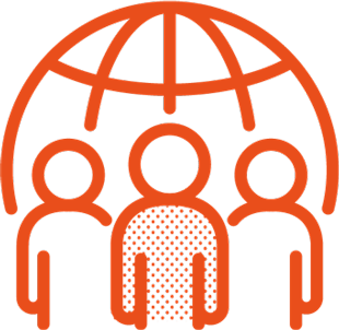 Orange two-dimensional icon with three people standing next to each other, with a globe behind them.